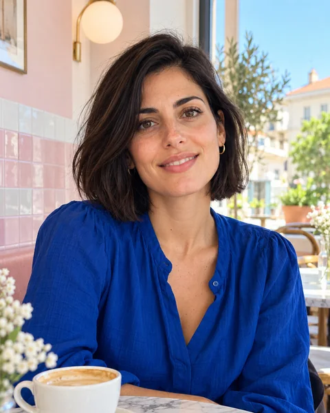 A woman with a dark bob smiling in a bright tiled café